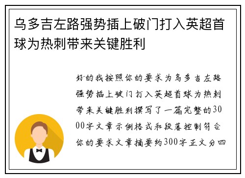 乌多吉左路强势插上破门打入英超首球为热刺带来关键胜利
